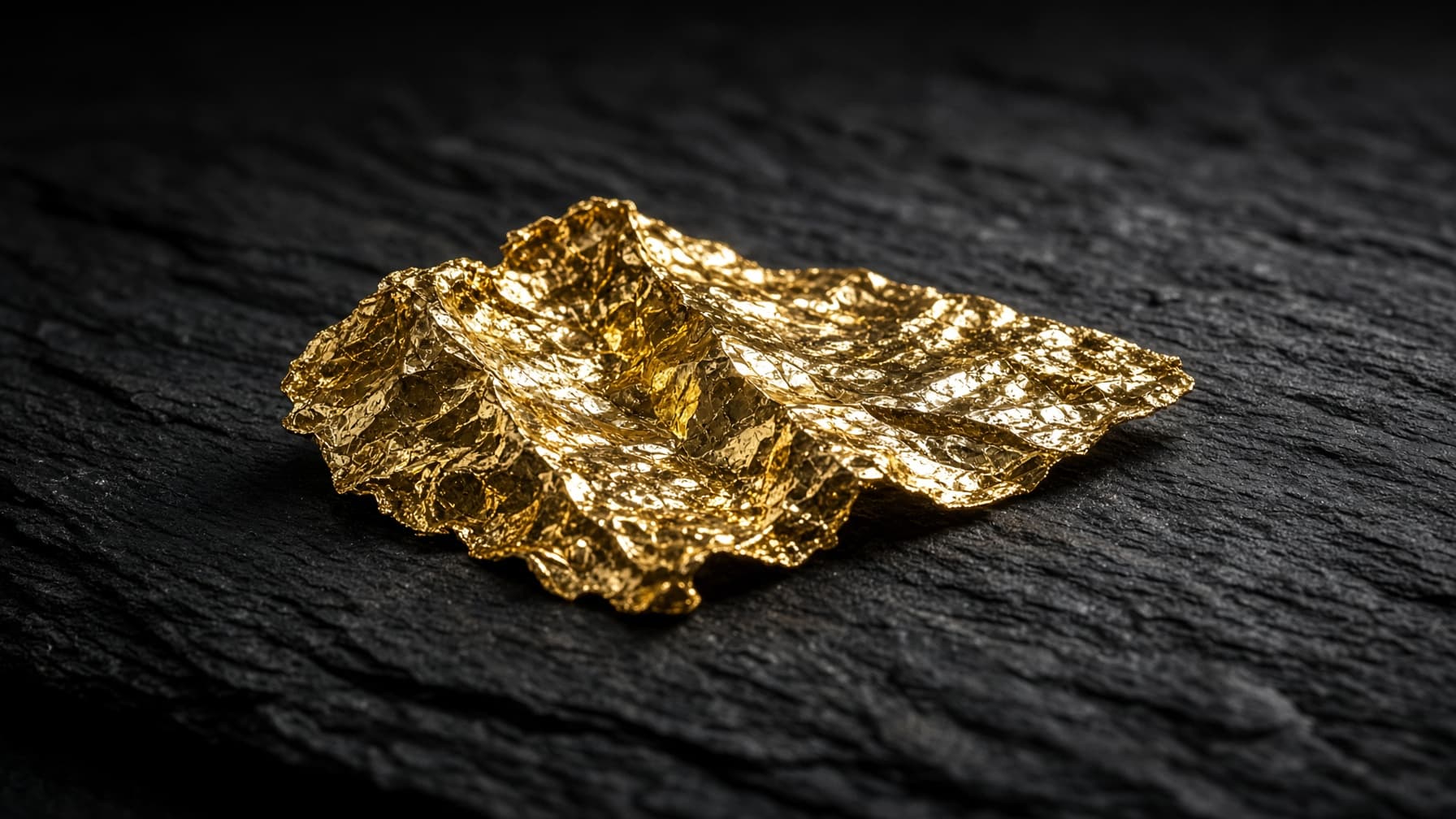Hand-hammered gold leaf resting on dark, textured slate.