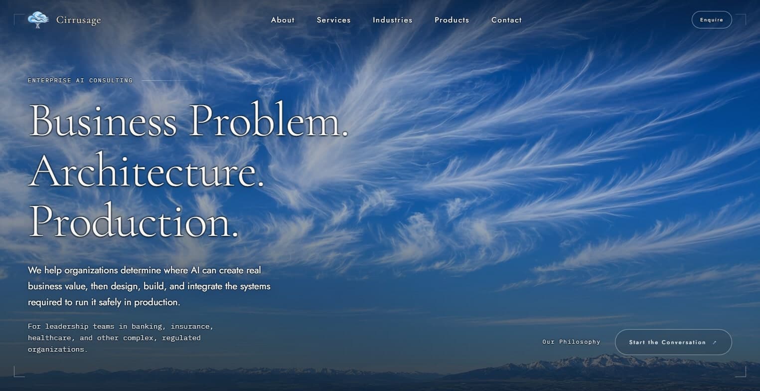 The Cirrusage homepage, atmospheric cirrus-cloud photography behind a minimal headline reading 'Business Problem. Architecture. Production.'