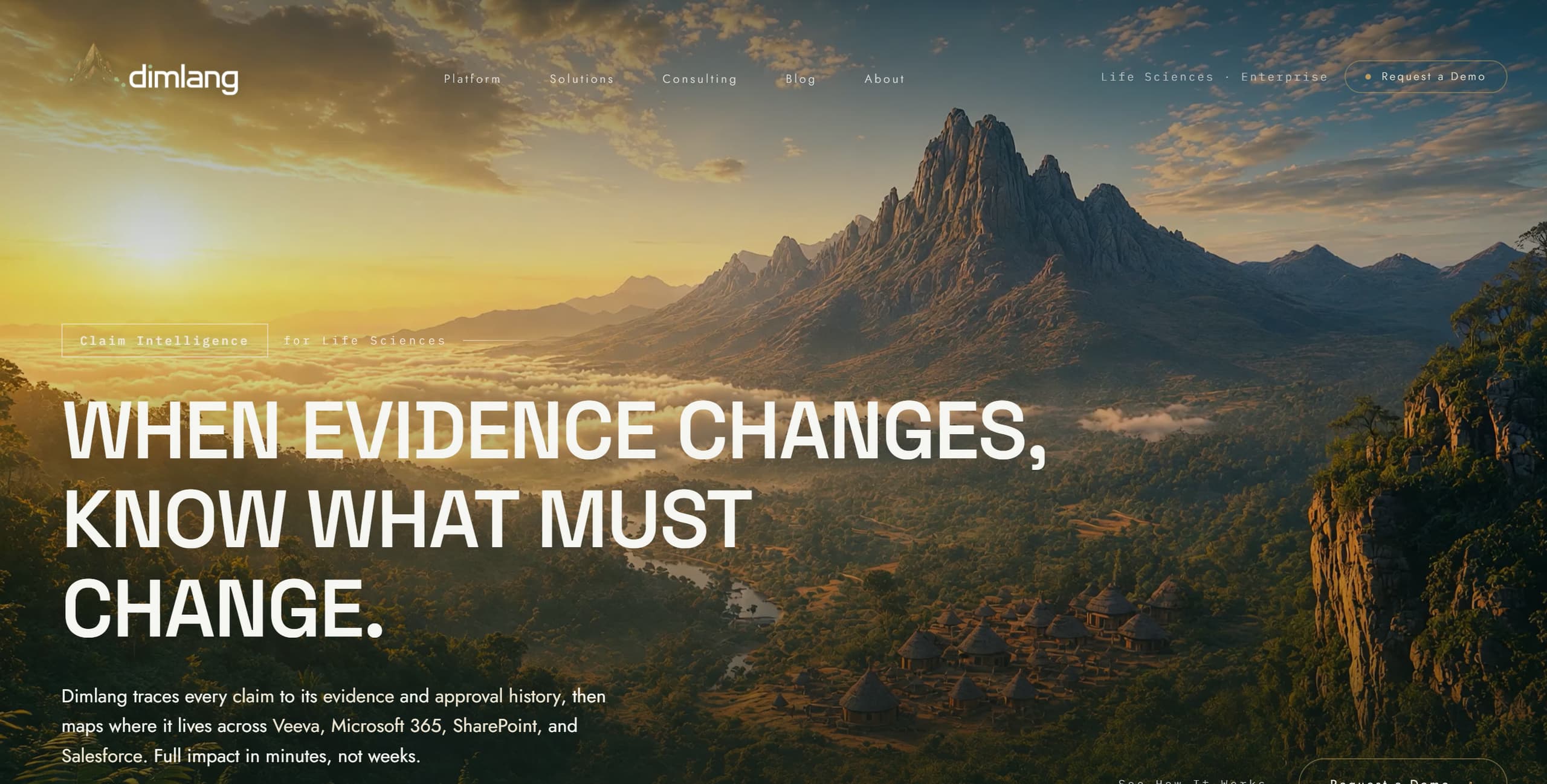 The Dimlang homepage, Mount Dimlang clearing through fog at sunrise behind the headline 'When evidence changes, know what must change.'