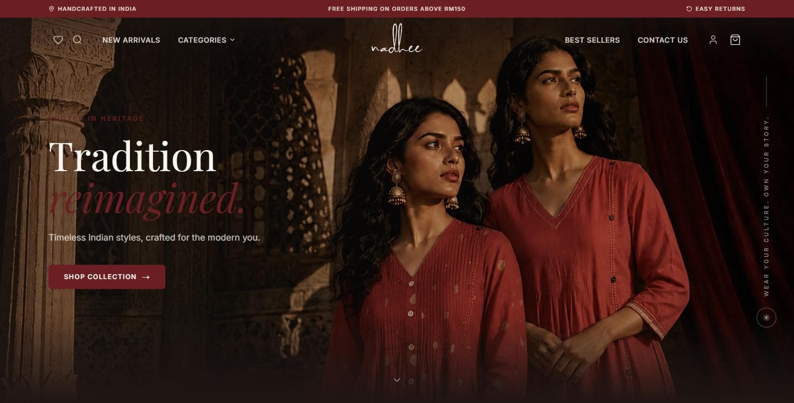 The Nadhee homepage, full-bleed heritage photography in deep crimson, a serif logotype, and the line 'Tradition reimagined.'