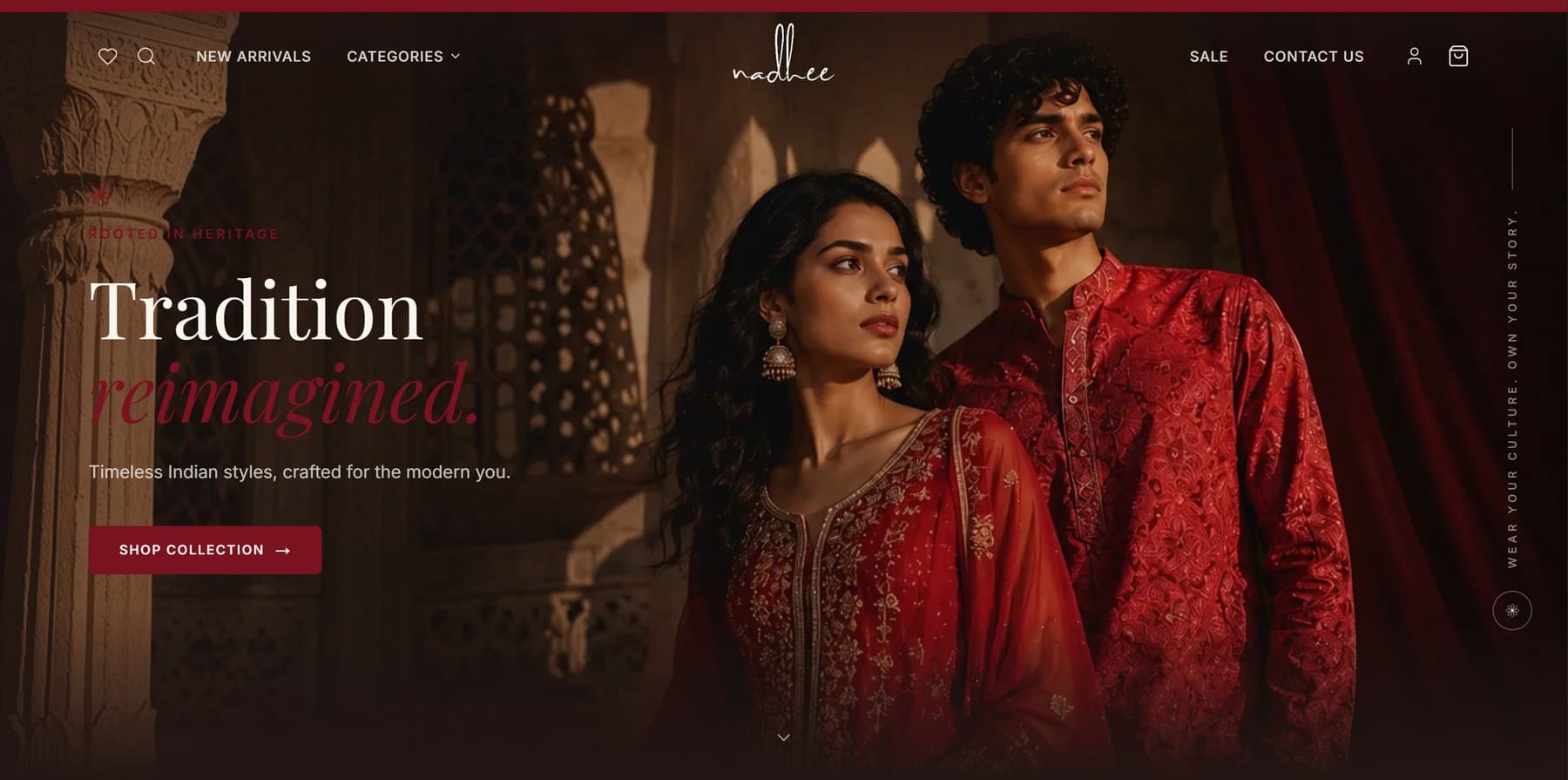 The Nadhee homepage — full-bleed heritage photography in deep crimson, a serif logotype, and the line 'Tradition reimagined.'