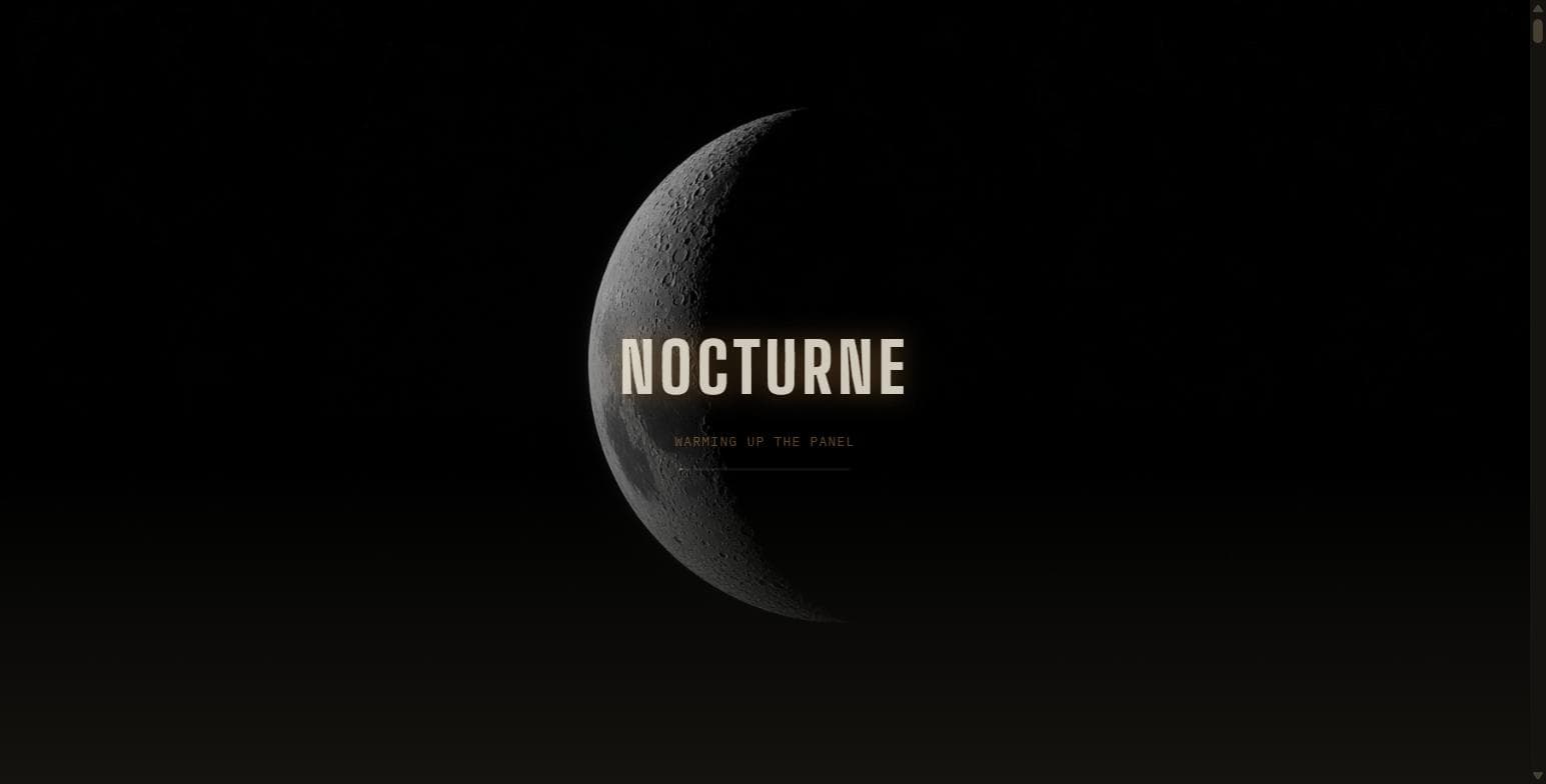 The Nocturne console's splash screen: a crescent moon glowing over black, the wordmark 'NOCTURNE', and the line 'Warming up the panel' above a loading bar.