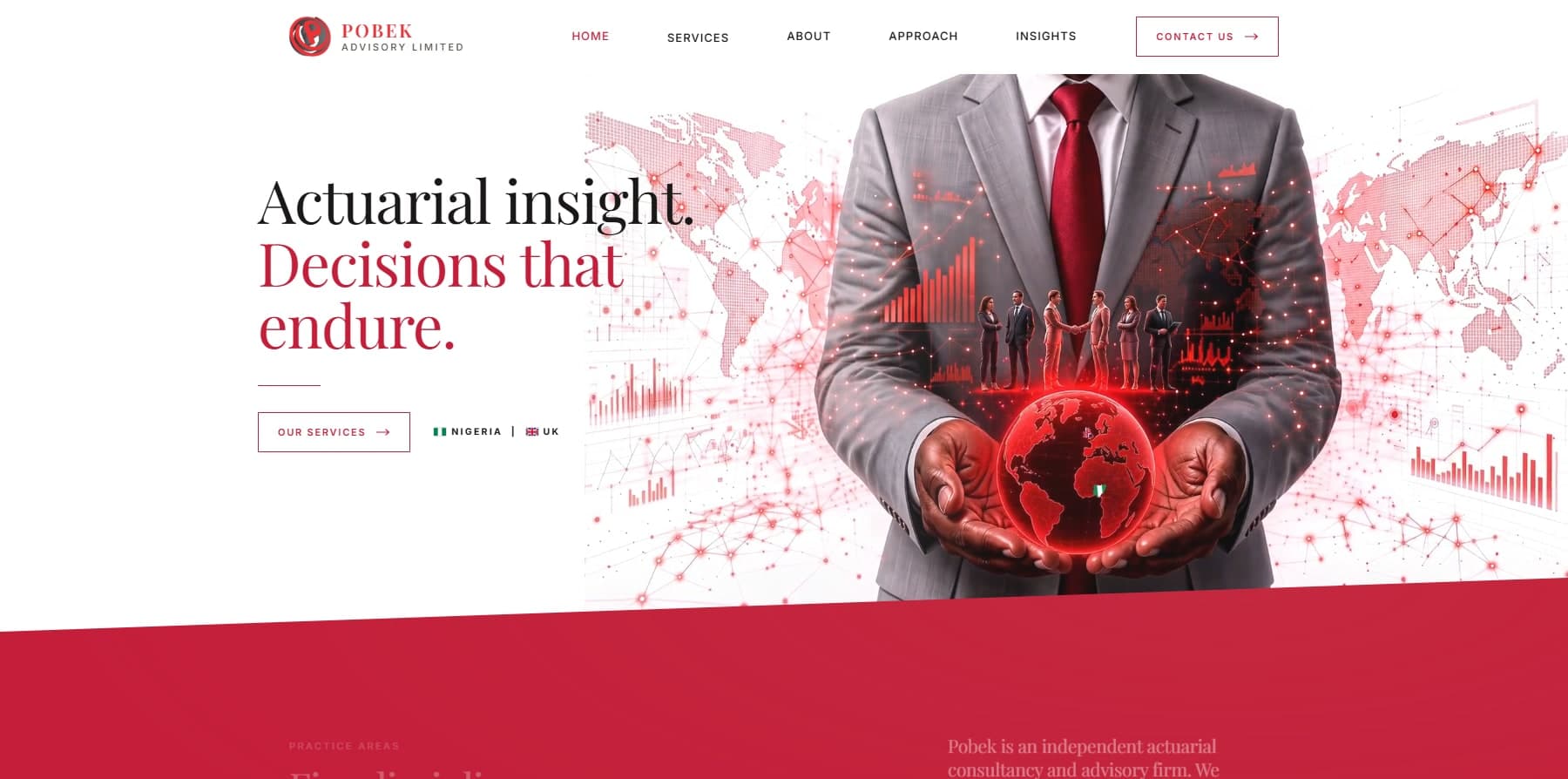 The Pobek Advisory homepage, a warm-white canvas, a single crimson mark, and a serif headline reading 'Actuarial insight. Decisions that endure.'