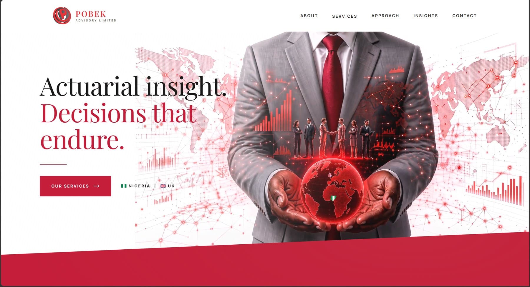 The Pobek Advisory homepage — a warm-white canvas, a single crimson mark, and a serif headline reading 'Actuarial insight. Decisions that endure.'