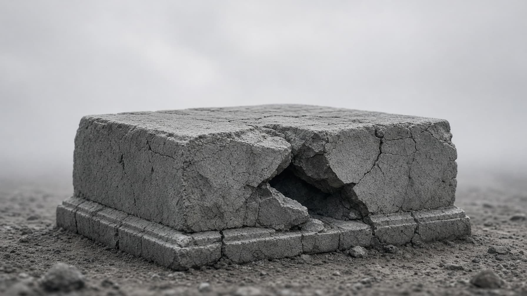 A cracked stone plinth with a fragment broken away and missing.