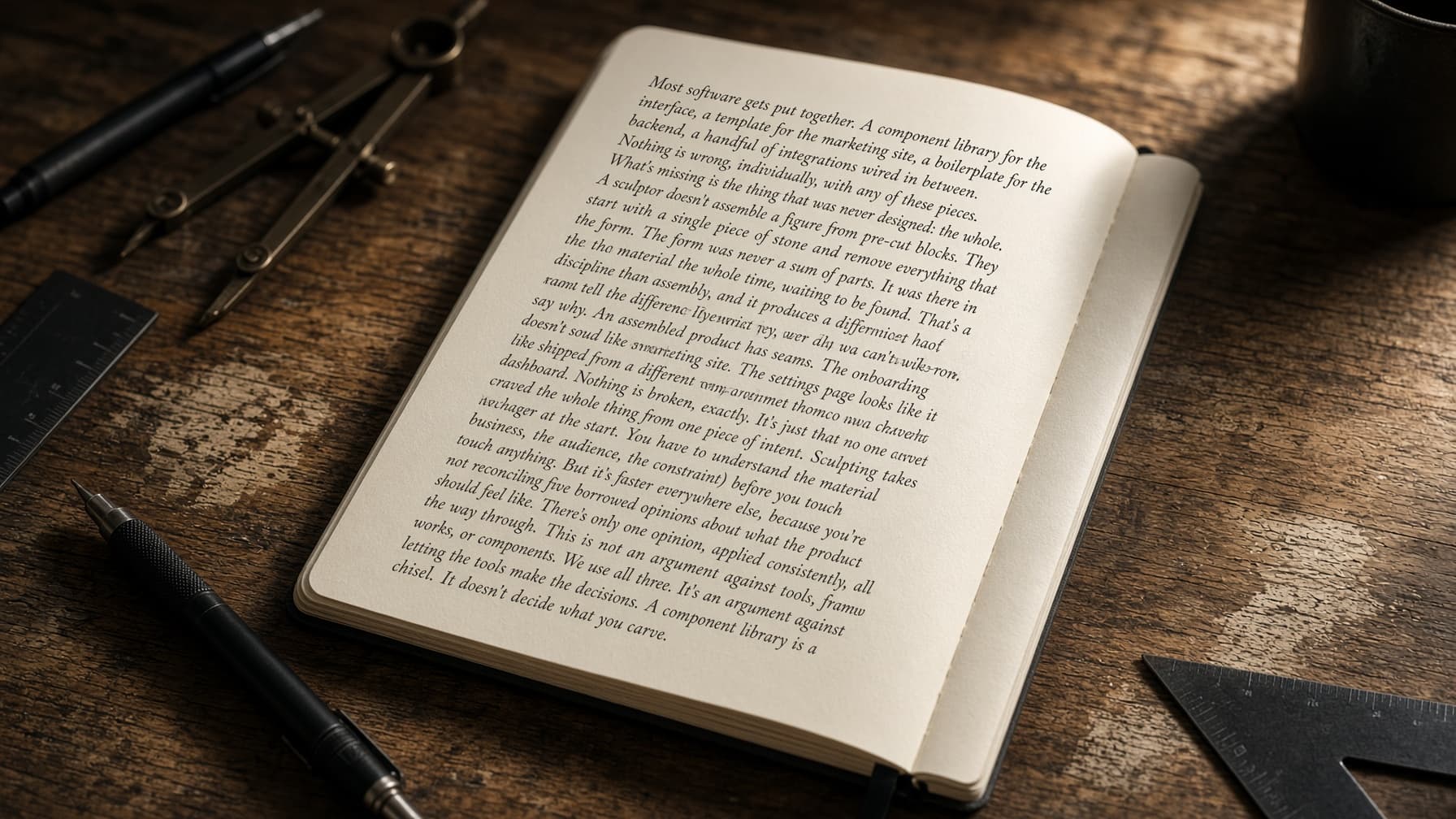 An open notebook and drafting tools on a worn wooden desk, raking side light.
