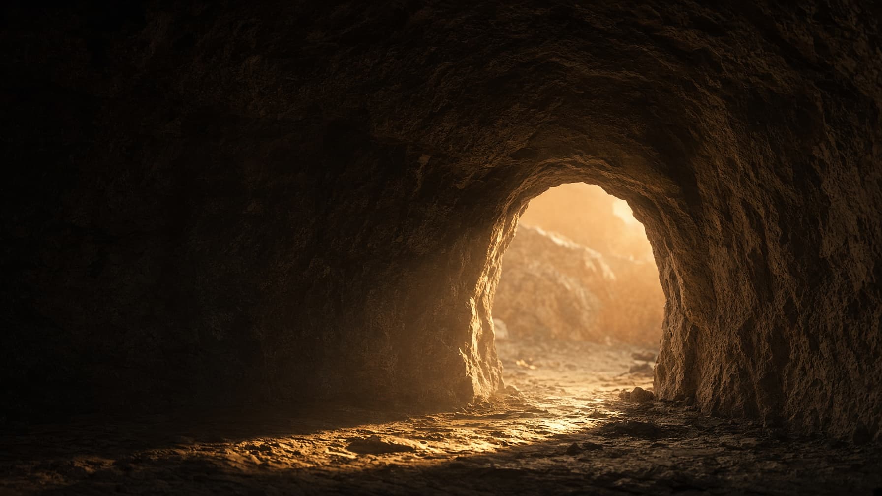 A stone archway with warm light spilling through from the other side.
